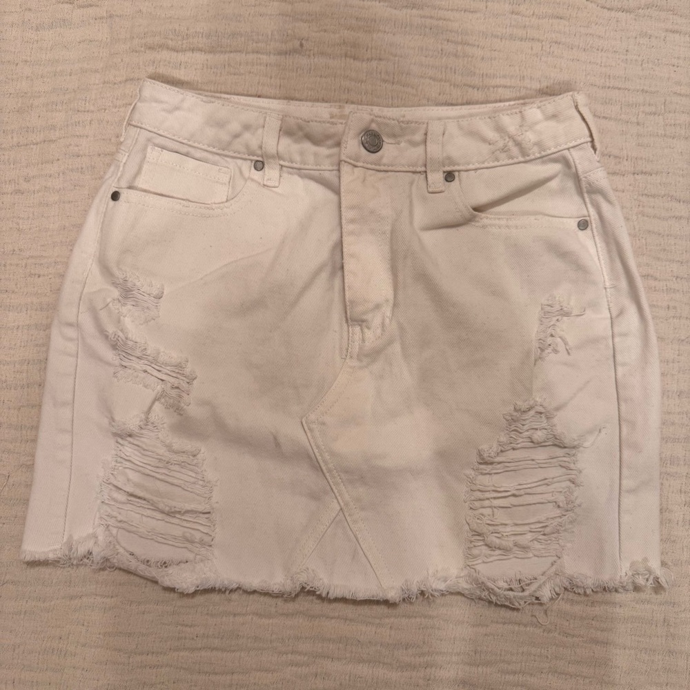 Pacsun White Y2K Ripped Mini‎ Denim Jean Skirt Western Rodeo Festival Sz 26 (2)